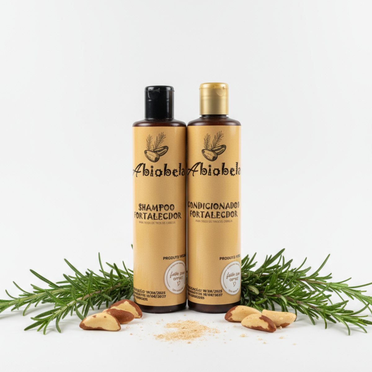 Shampoo e Condicionador Fortalecedor Abiobela entre ramos de alecrim e castanhas-do-pará